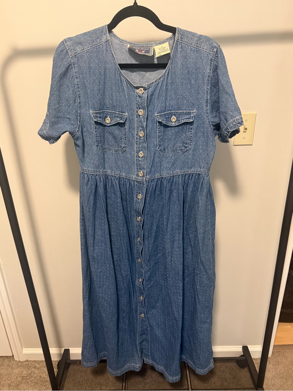 100% Cotton Denim Button-Front Midi Dress in Blue